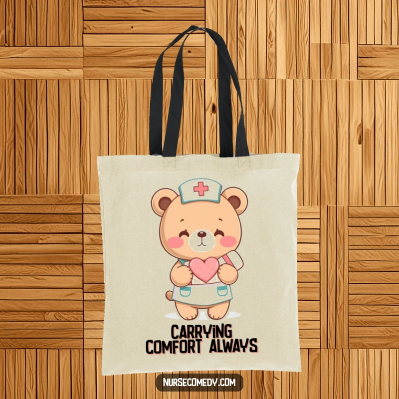 Funny Tote Bag: A bear nurse holds a bandage with a heart. Practical and filled with caring humor.