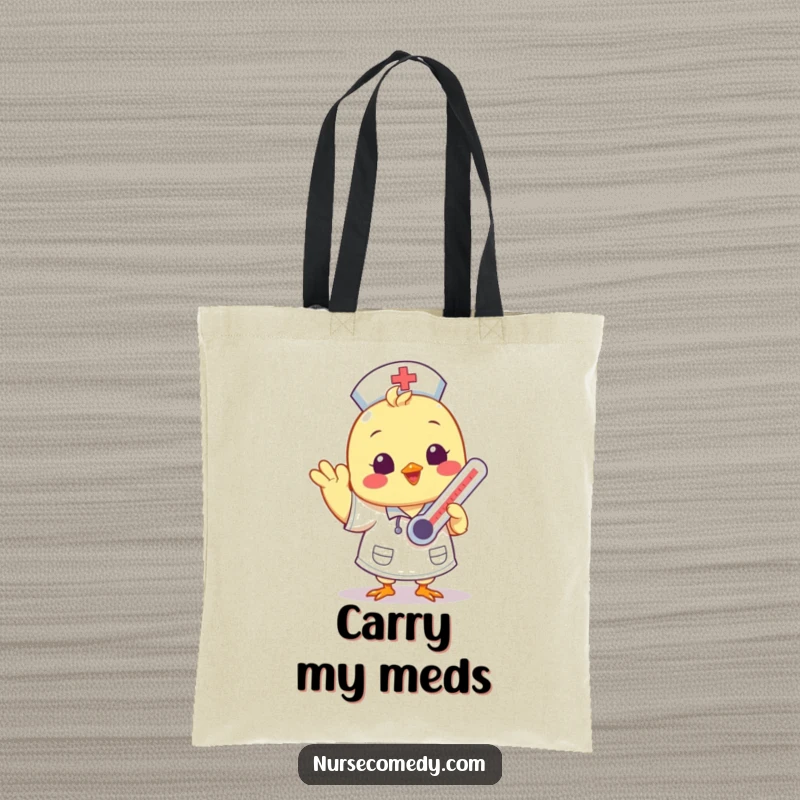 Funny Kawaii chick nurse waving hello on a durable tote bag, cute medical accessory.
