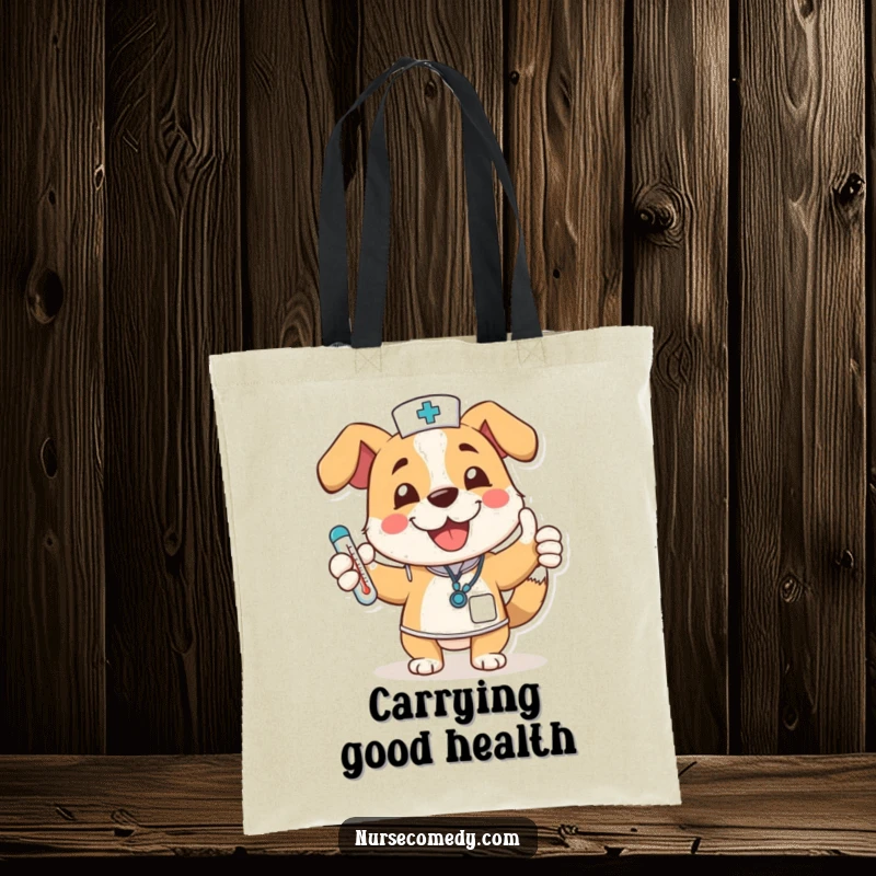 Funny dog nurse character on a tote bag, wagging tail, thumbs up, thermometer, a practical and cheerful accessory for nurses.