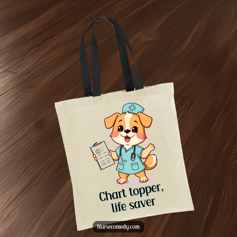 Funny dog nurse tote bag featuring an energetic dog nurse dancing enthusiastically with a medical chart, ready for any task.