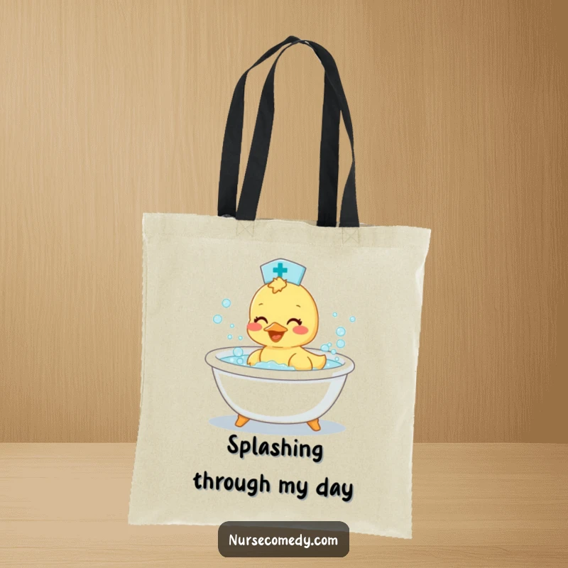 Funny Duckling Nurse Tote Bag: Cute character carrying supplies, featuring a happy duckling in a bathtub.