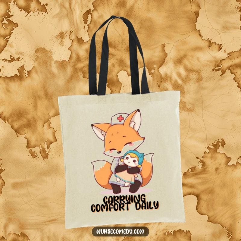 Funny fox nurse character giving a comforting hug to a doll on a stylish tote bag, excellent for daily use and gifts.