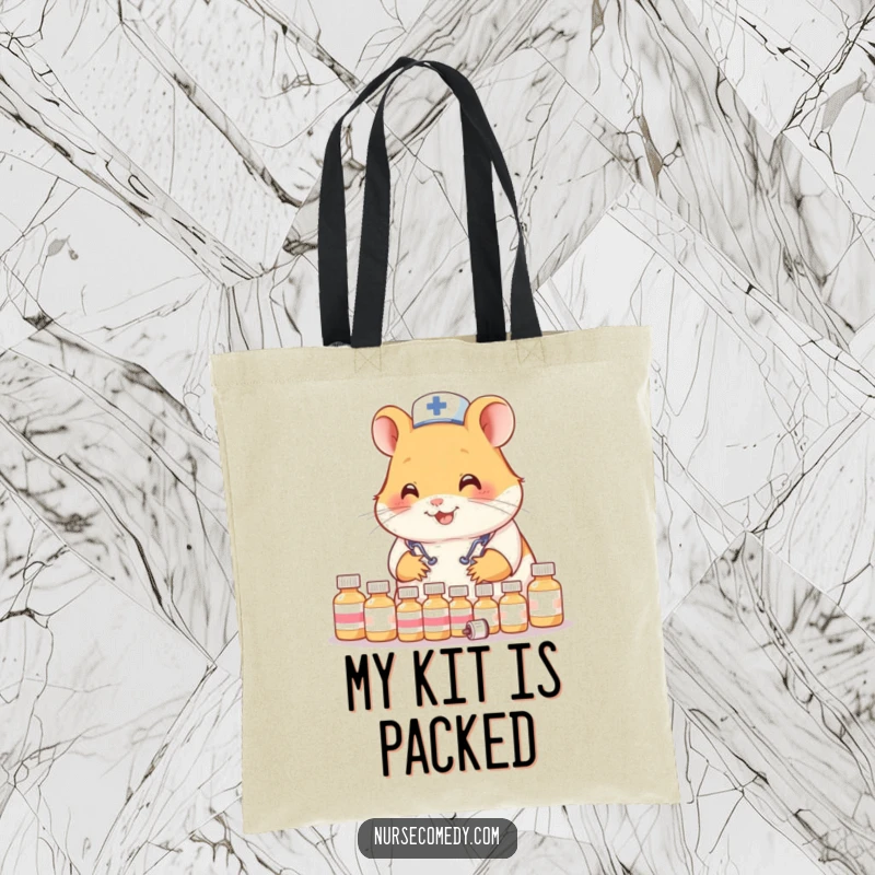 Funny Hamster Nurse Tote Bag: Cute hamster doctor carrying medicine bottles, perfect for errands and organization.