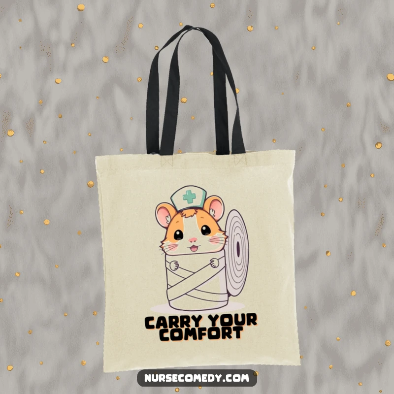 Funny Hamster Nurse Tote Bag with a curious hamster nurse peeking from behind a bandage roll, great for shopping.