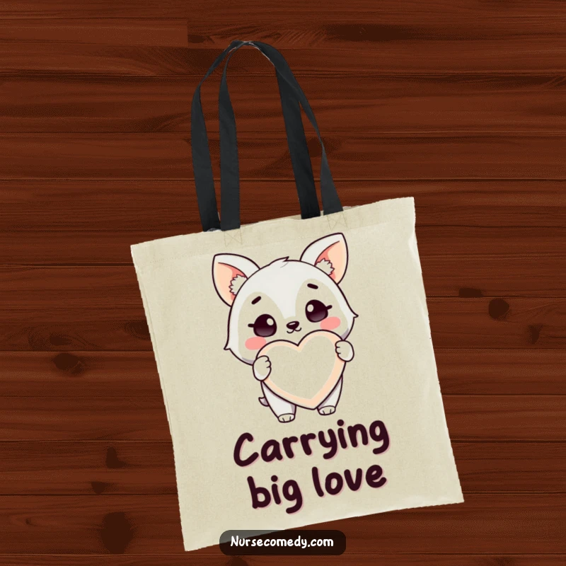 Funny Health Animal Tote Bag: A tote bag featuring a winking animal character holding a giant heart-shaped pill.