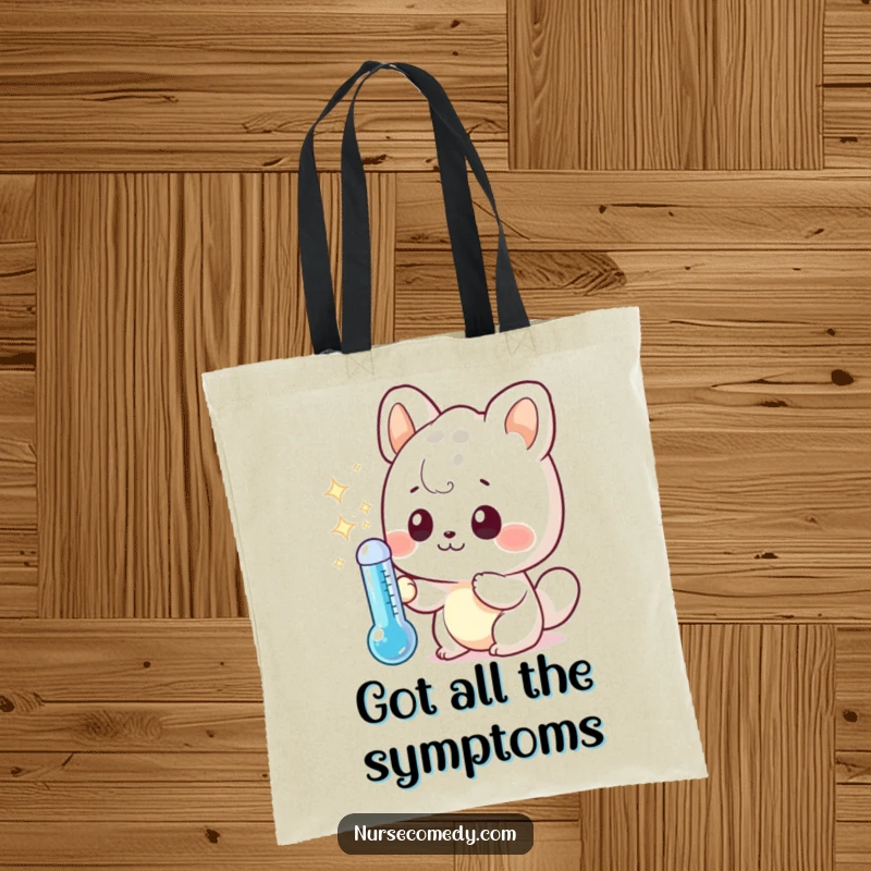 Funny tote bag depicting a curious kawaii animal character examining a sparkling thermometer, a practical and humorous accessory.