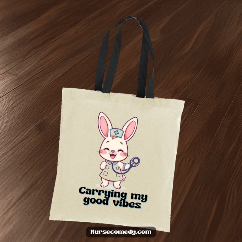Funny Kawaii Bunny Nurse Tote Bag: A cheerful bunny nurse bounces a stethoscope, making this bag a practical and humorous accessory for healthcare.