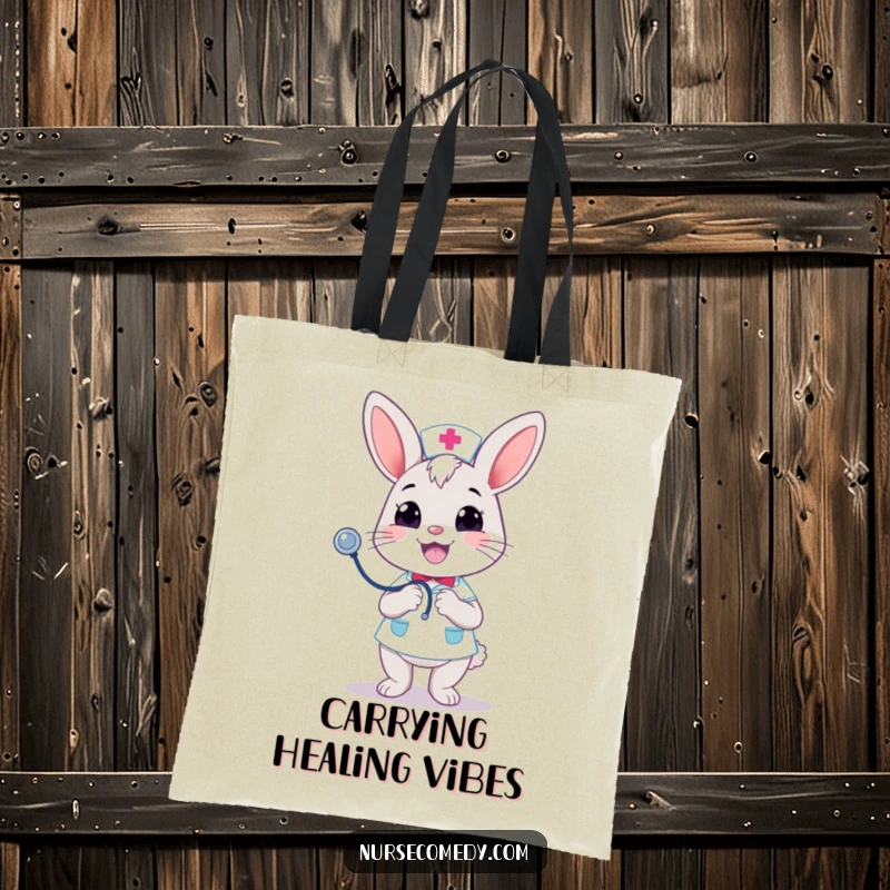 Funny Kawaii Bunny Nurse Tote Bag: Merrily bouncing a stethoscope with a cheerful grin, a cute and funny companion. Perfect funny gift.