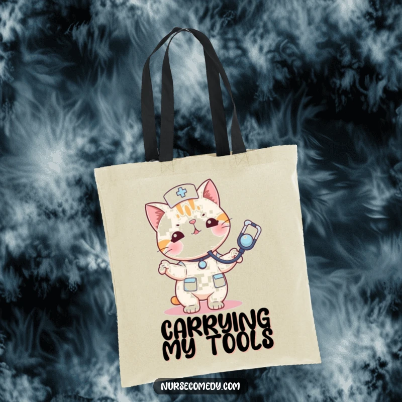 Funny kawaii cat nurse tote bag bouncing a stethoscope like a toy, ideal for carrying daily items with flair.