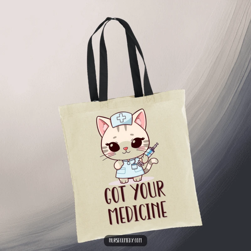 Funny Kawaii Cat Nurse Tote Bag: Slyly offering an oversized syringe with a wink, a cute and funny companion for mischief. Perfect funny gift.