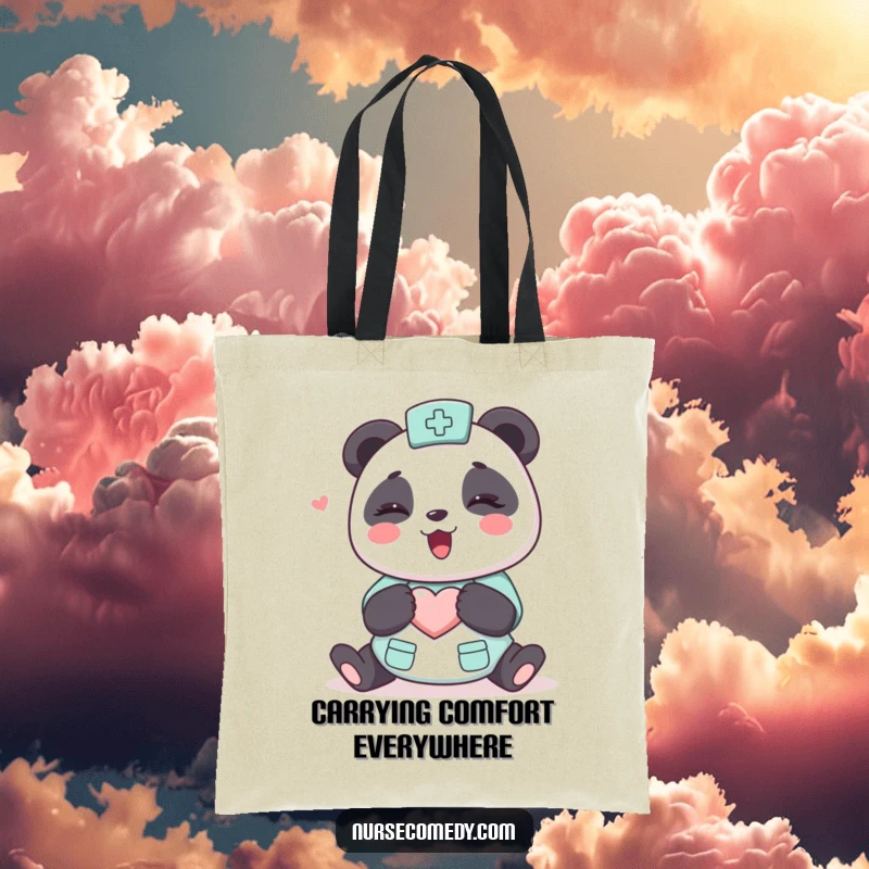 Funny Kawaii Panda Nurse Tote Bag, cute cartoon character offering a warm hug, heart symbol, ideal for shopping and daily use.