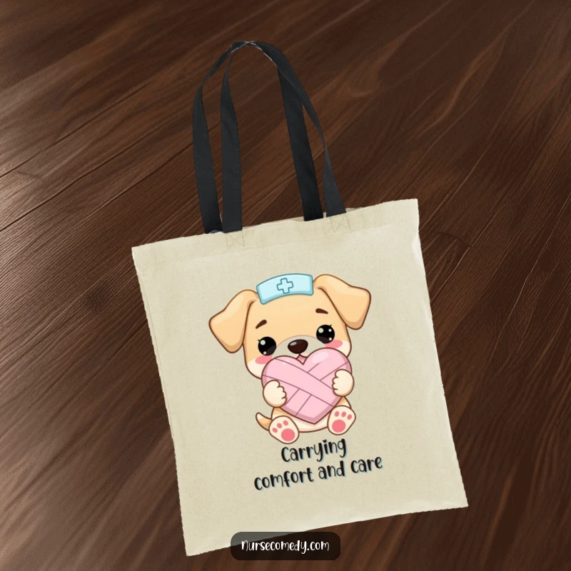 Funny Kawaii Puppy Nurse Tote BagHolding a Bandaged Heart Shape Happily, Practical and Funny Gift