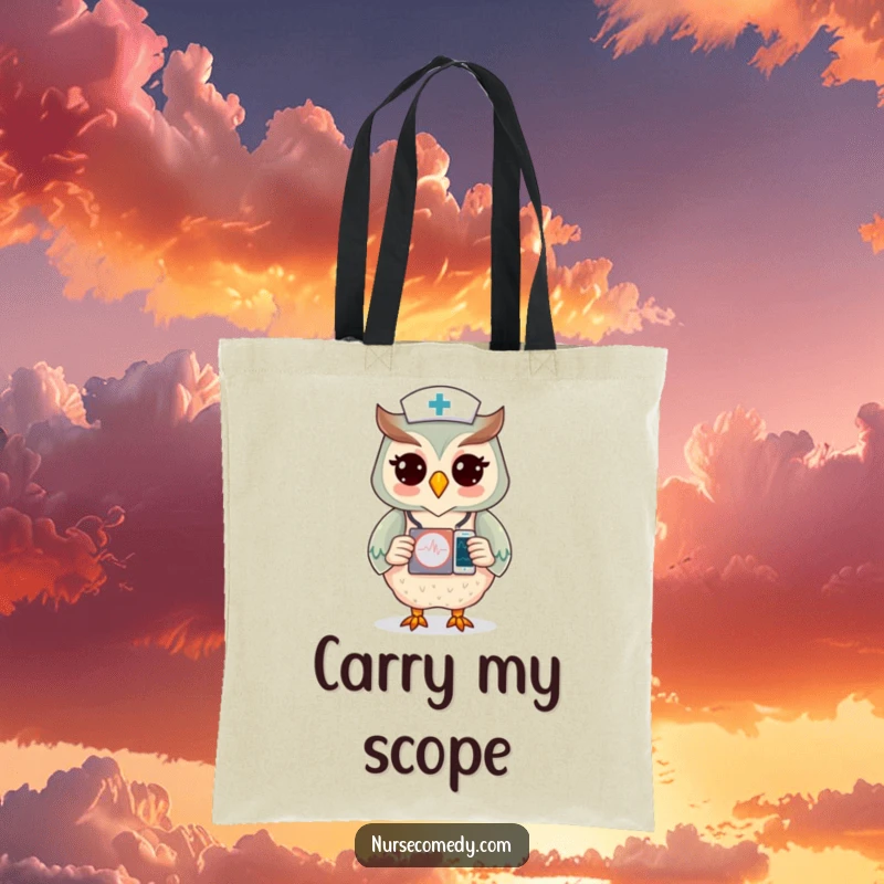 Funny tote bag with an owl nurse character monitoring a heart monitor, perfect for carrying medical supplies.