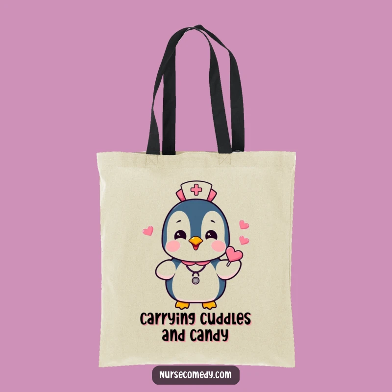 Funny Penguin Nurse Tote Bag: Sweet Candies, Humorous Gift for Everyday Carry