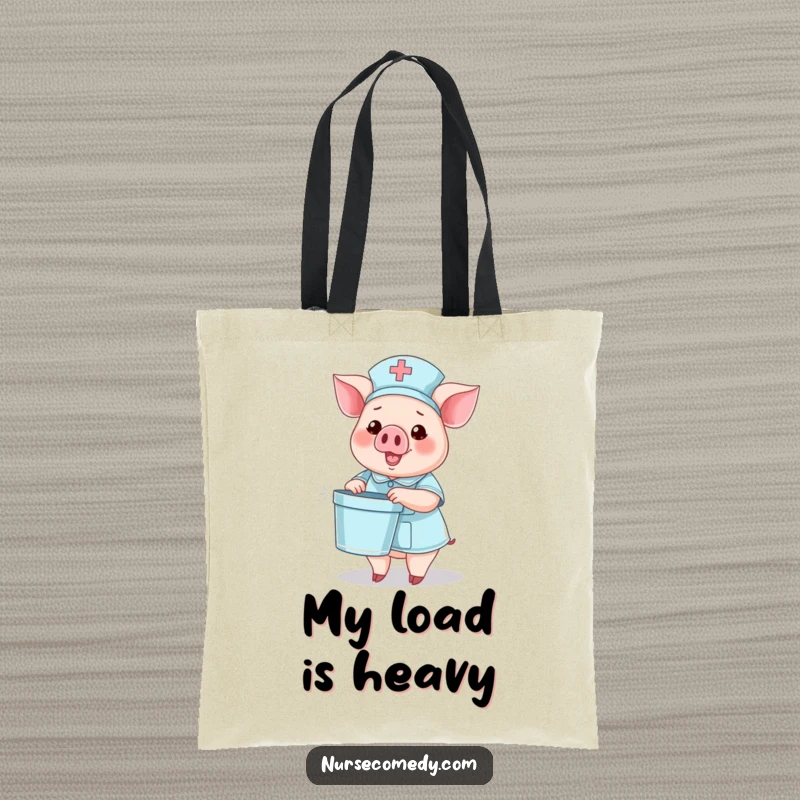 Funny tote bag with a pig nurse character holding a tiny bedpan and waving, a cute and humorous accessory.