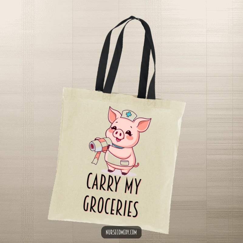 Funny Pig Nurse Tote Bag: gleeful pig holding a bandage roll, a practical and funny gift.