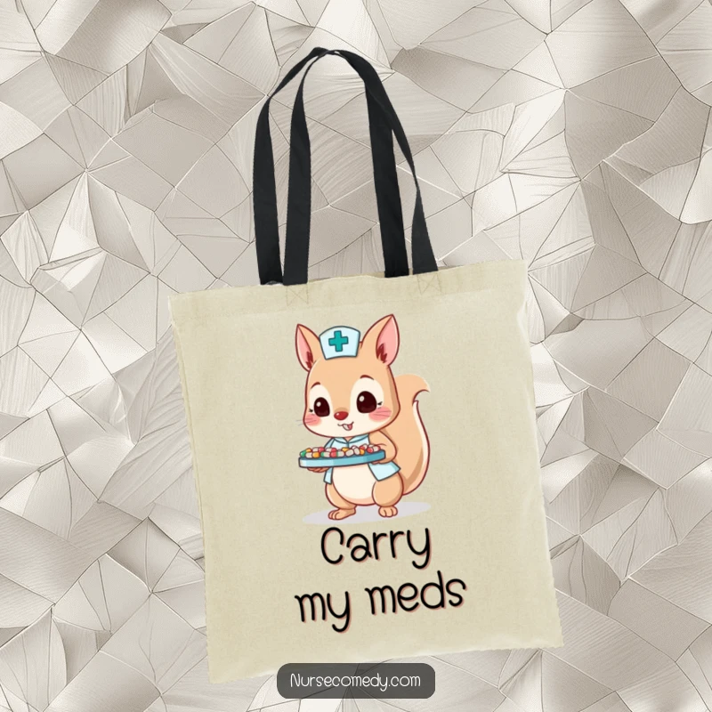 Funny tote bag with a squirrel nurse character balancing a tray of tiny pills, a practical humorous accessory.