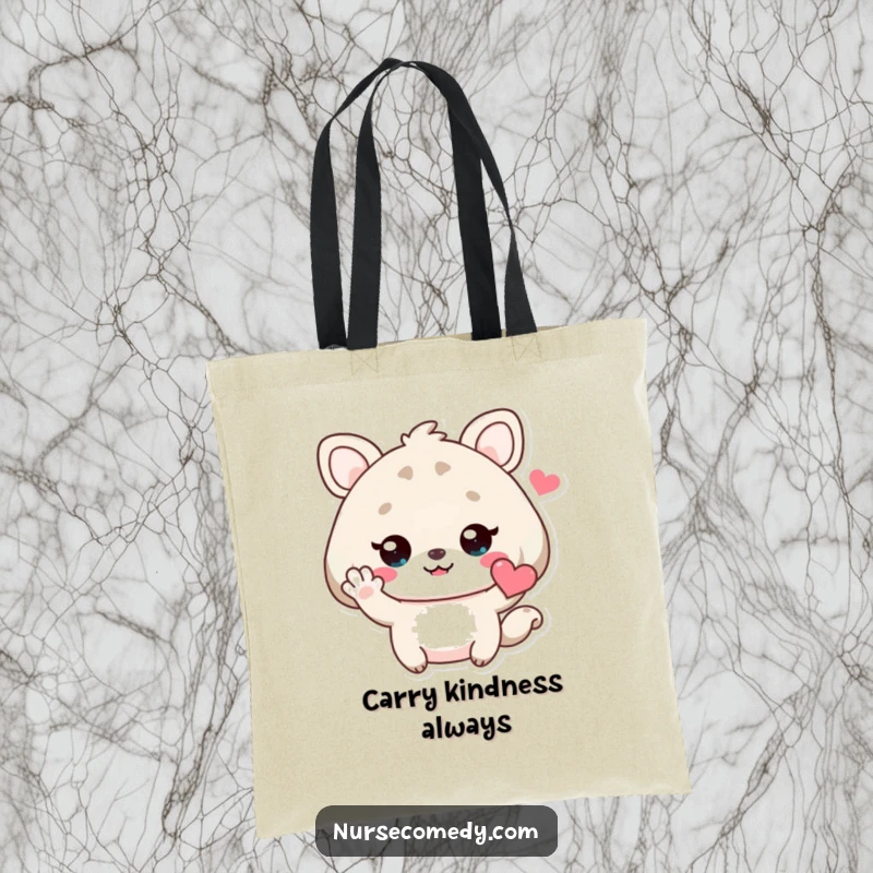 Funny Kawaii Animal Tote Bag with a cute character offering a welcoming wave and a heart, perfect for cheerful carrying.