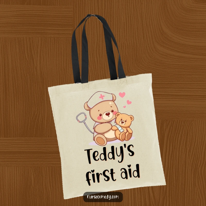 Funny bear nurse tote bag with a bear bandaging a teddy bear's limb, perfect for carrying essentials with a humorous nod to healing.
